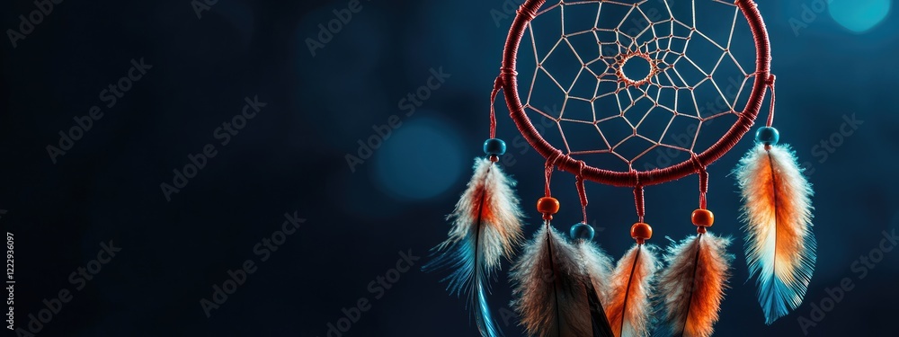 Poster dreamcatcher with colorful feathers displayed in studio lighting with space for text overlay