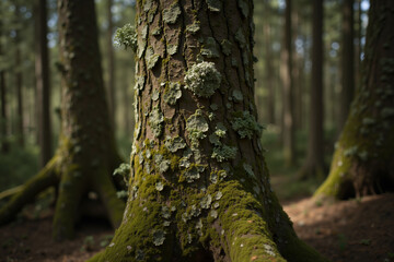 Obraz premium Close-up of moss-covered tree bark in sunlight