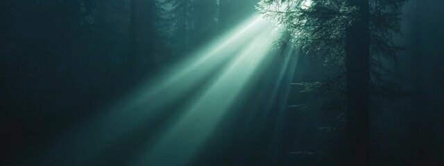 Obraz premium Mysterious forest scene with dramatic light rays illuminating dark surroundings and ample space for text or creative content