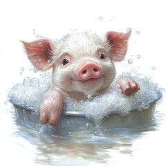 A cheerful piglet enjoying a bubble bath in a metal tub, surrounded by playful water splashes and foam