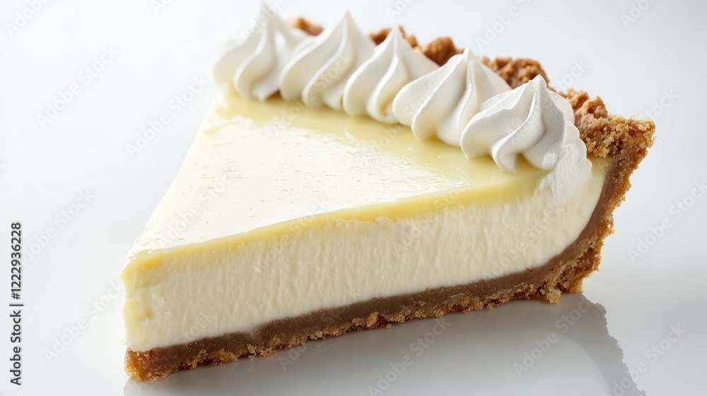 Poster delicious slice of key lime pie with whipped cream topping and empty space for text on bright backgr