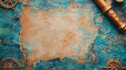 Vintage treasure map background with travel elements and blank parchment space for text on a textured blue and brown surface