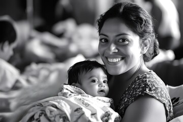 Smiling mother holding her baby wrapped in a blanket, both looking happy in a black and white portrait, creating a timeless and emotional scene