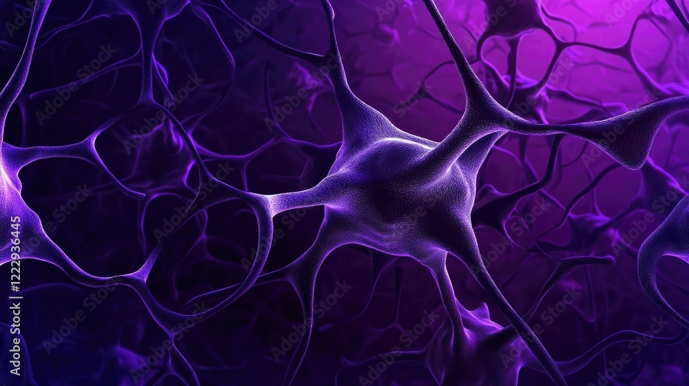 Poster neural network visualization in deep purple colors high tech abstract background with space for text