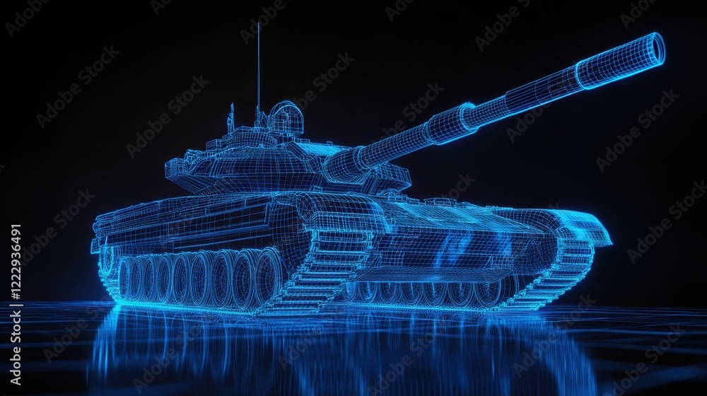 Poster a dynamic 3d wireframe hologram of a tank in motion, showcasing impressive digital visualization and