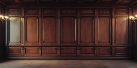 Ornate Wooden Paneled Walls in Opulent Courtroom or Mansion Interior