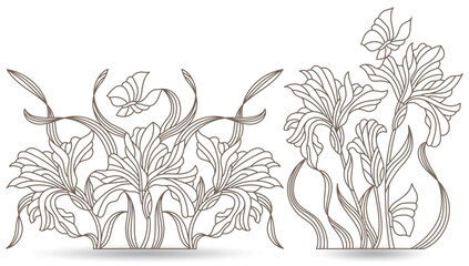 A set of contour illustrations of stained glass Windows with irises in frames, dark contours on a white background