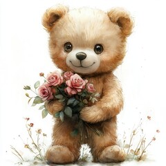Cute cartoon teddy bear holding a bouquet of roses in a serene floral setting, evoking joy and warmth