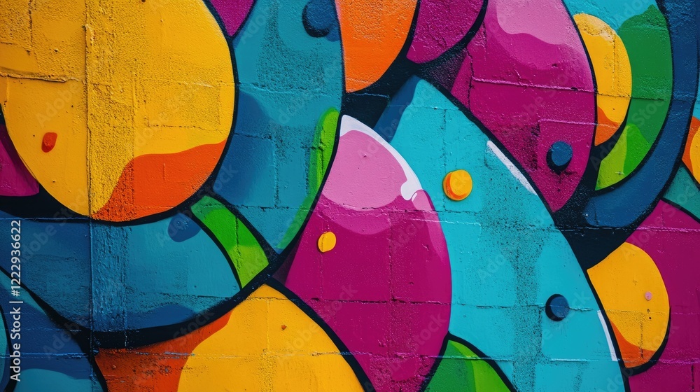 Poster vibrant colorful mural artwork with abstract shapes and empty space for creative text or advertising