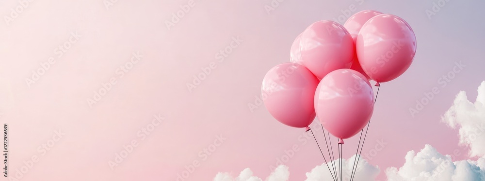 Poster dreamy pink balloons against soft clouds with empty space for text in an exhibition setting