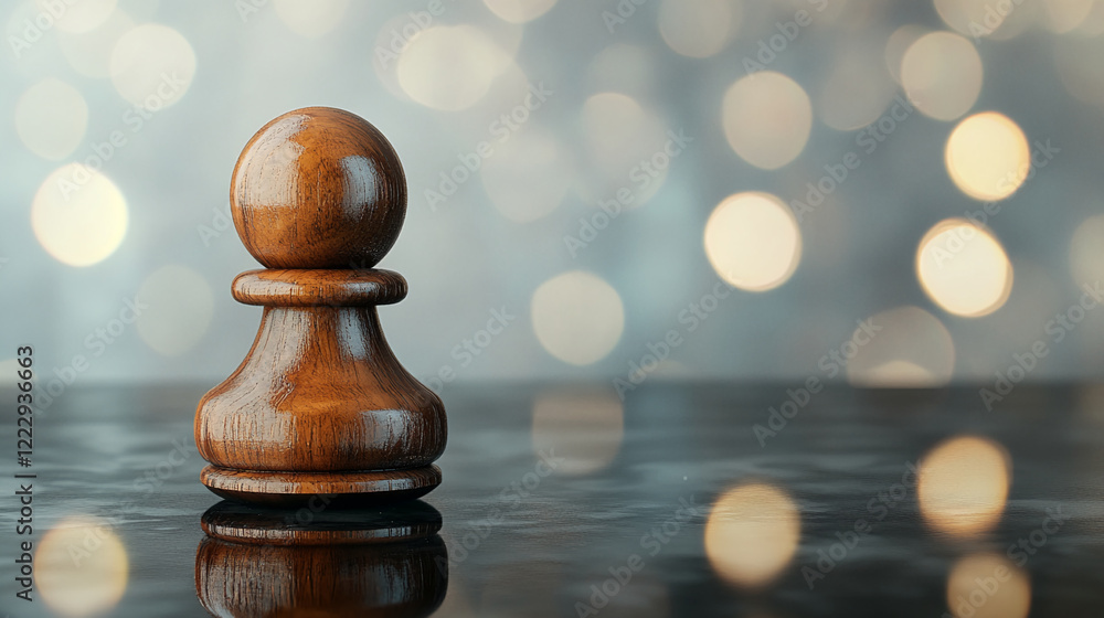 Poster wooden chess pawn piece with blurred bokeh background and reflection on dark surface