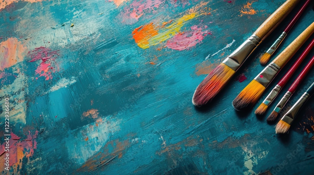 Poster colorful abstract design studio workspace featuring paint brushes on a vibrant textured background w
