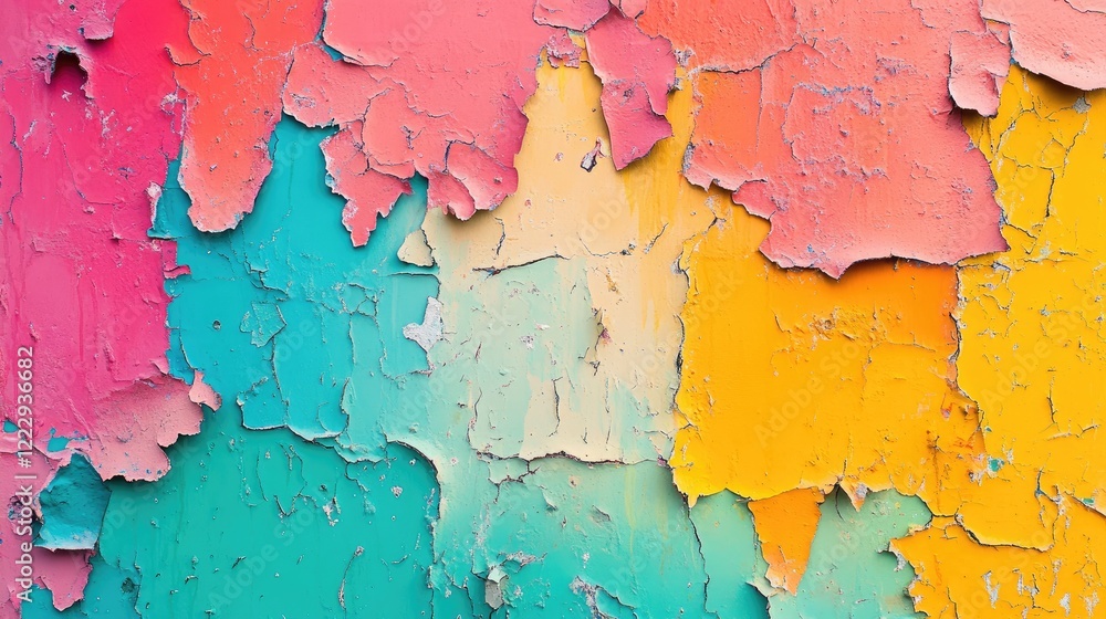 Poster vibrant peeling paint textures in a colorful gradient background with empty space for creative text 