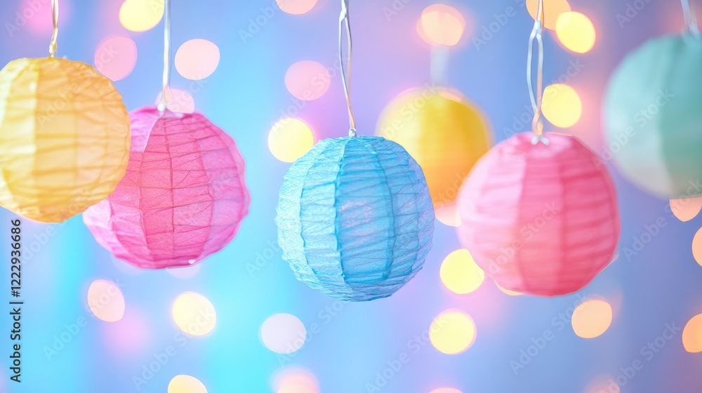 Poster Colorful lanterns hanging over a soft bokeh background with vibrant hues and ample space for text or creative messaging