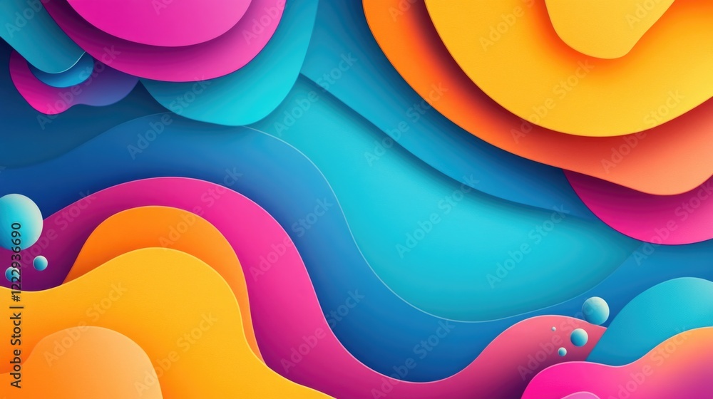Poster colorful vibrant abstract paper shapes background with waves and bubbles for text and design element