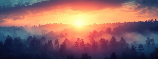 Dramatic sunset illuminating a tranquil forest landscape with expansive copy space for text and atmospheric mist.