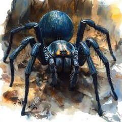 Close-up of a vibrant blue spider in a natural forest setting, showcasing intricate details and textures