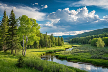 Obraz premium Serene river flowing through a lush green valley under a vibrant sky.