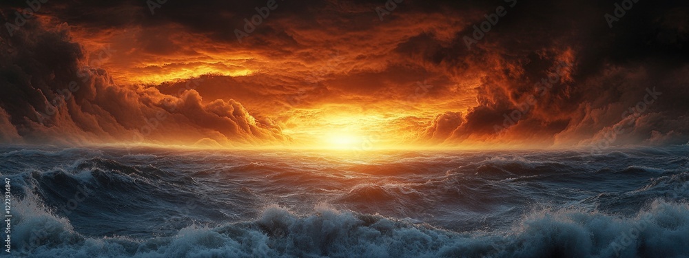 Poster dramatic sunset illuminating coastline with dark clouds and turbulent waves creating a moody atmosph