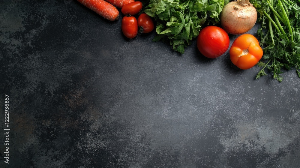 Aufkleber colorful fresh vegetables arranged on a dark tabletop with ample empty space for text and cooking in