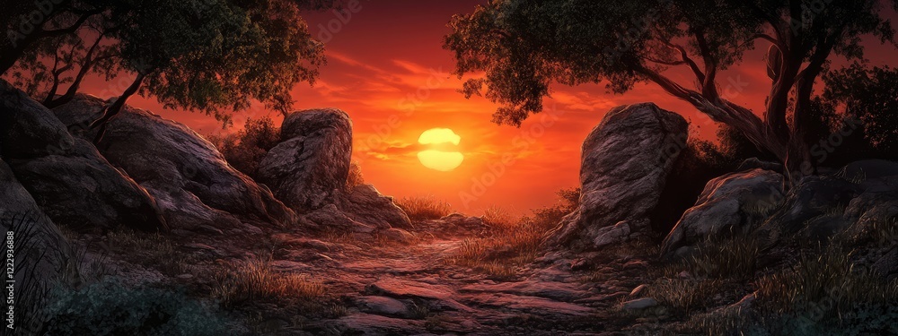 Poster dramatic sunset over forest landscape with illuminated rocks and clear space for text integration in