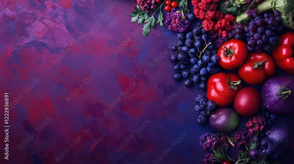 Poster colorful assortment of red indigo and violet vegetables on a textured tabletop with ample space for 