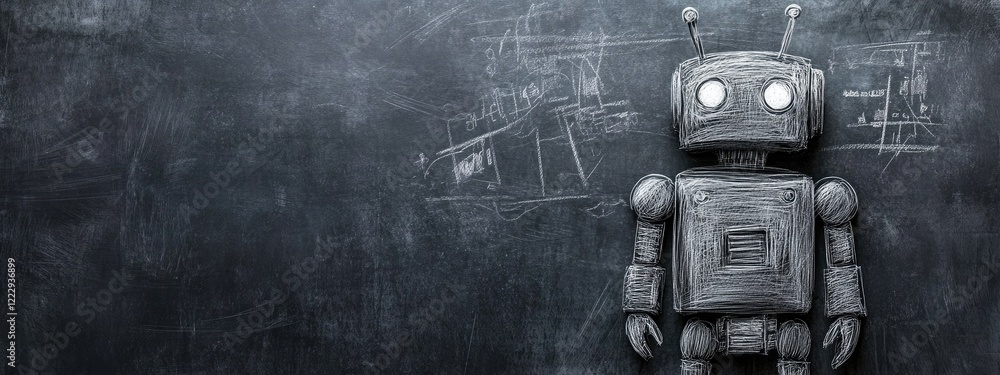 Poster Robot sketch illustration on chalkboard with ample white space for text or educational content. Ideal for tech-related graphics and presentations.