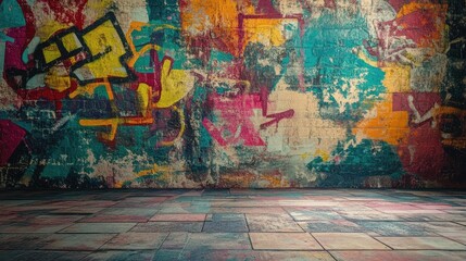 Fototapeta premium Vibrant Abstract Grunge Mural with Graffiti Art and Empty Space for Text in Urban Setting