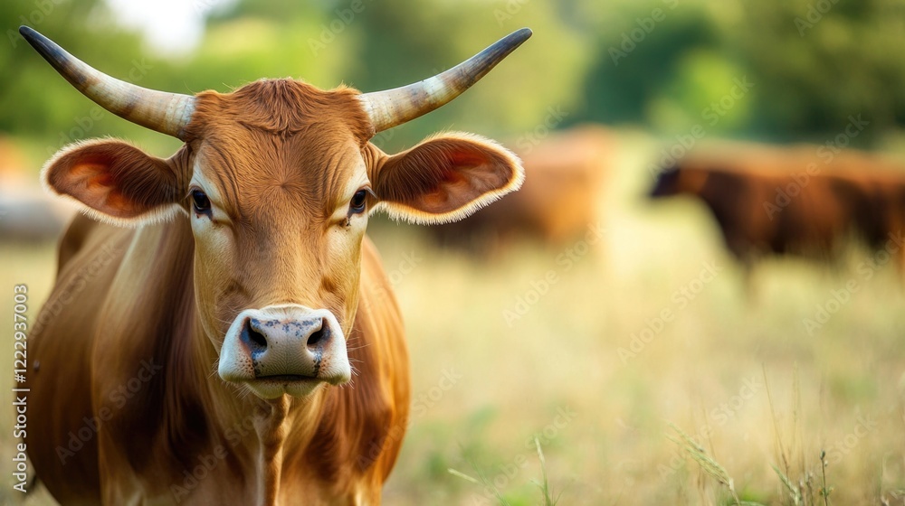 Poster happy cows and bulls grazing in pasture with lush green background and empty space for custom text o