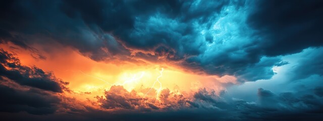 Fototapeta premium Dramatic Thunderstorm Sky with Lightning and Vibrant Colors Ideal for Background Text Placement