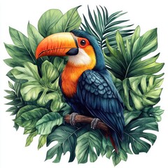 Vibrant toucan perched among lush tropical leaves, showcasing nature's beauty in a serene environment