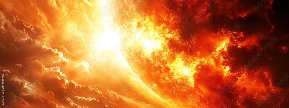 Poster dramatic fiery explosion in the sky isolated on black background with copy space for text and emphas