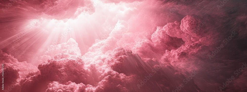 Poster dramatic pink clouds with light rays in a moody atmospheric storm creating empty space for text in a