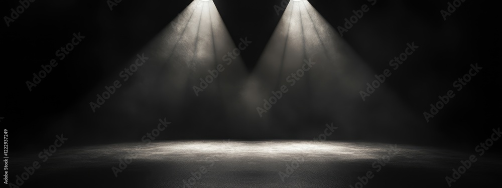 Poster dramatic stage lighting with spotlights illuminating a dark background creating ample space for text