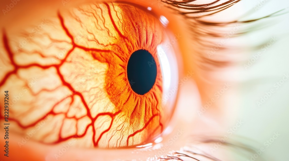 Poster close up of a human eye showing intricate details of the retina with vibrant colors and space for ov