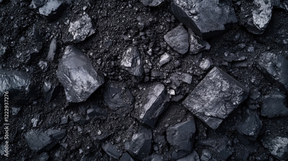 Poster closeup view of textured black coal surface showing geological details and empty space for captions 