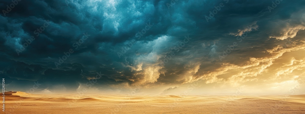 Poster dramatic storm clouds looming over a vast desert landscape with ample space for text or branding ele