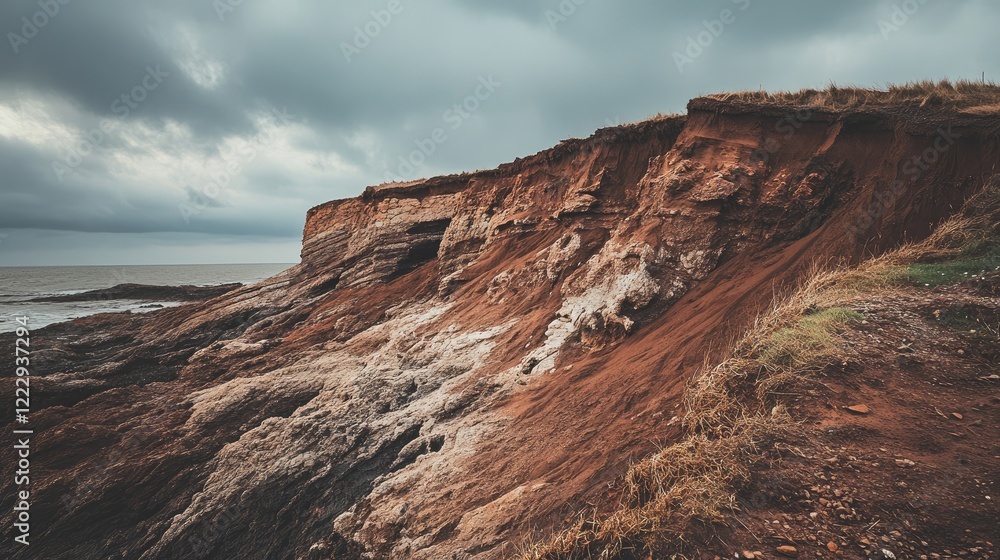 Poster mystic coastal erosion landscape with dramatic cliffs and cloudy sky featuring empty space for addin