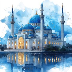 Beautiful watercolor painting of a grand mosque with blue domes reflecting in calm waters, surrounded by a serene landscape