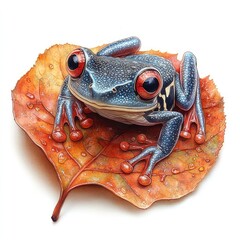 A vibrant blue frog with red eyes perched on a wet autumn leaf, surrounded by a blurred natural background