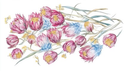 A vibrant arrangement of pink and blue floral illustrations with delicate details and soft colors