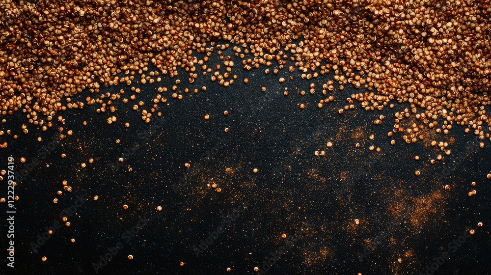 Poster organic whole grain quinoa seeds on dark background with ample empty space for text and design eleme