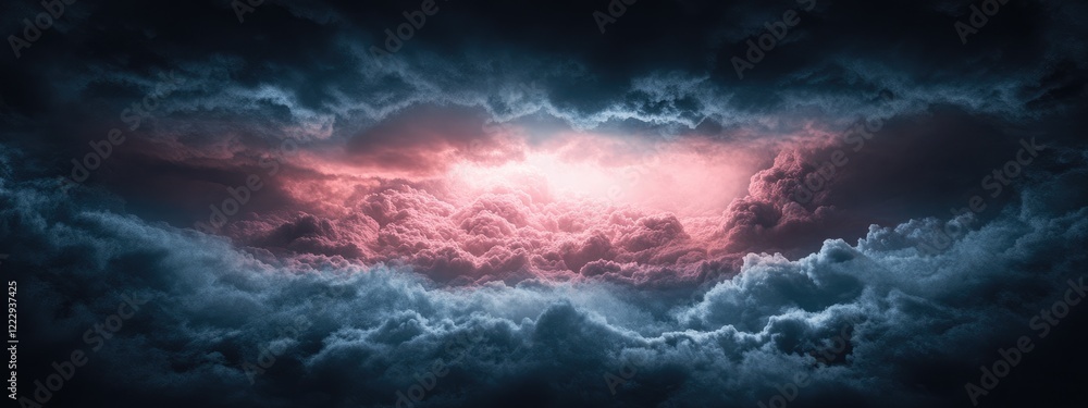 Poster dramatic pink cloud illuminated by light rays amidst stormy clouds creating a mesmerizing atmosphere