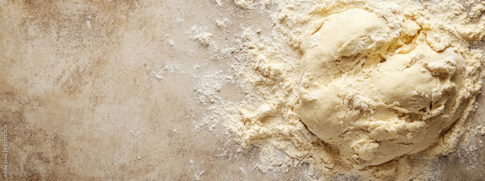 Poster dough preparation display with flour background and empty space for text in bakery or culinary conte