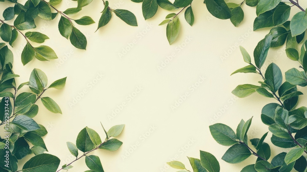 Poster pruned plant branches with vibrant green leaves arranged in a circular frame on a soft yellow backgr