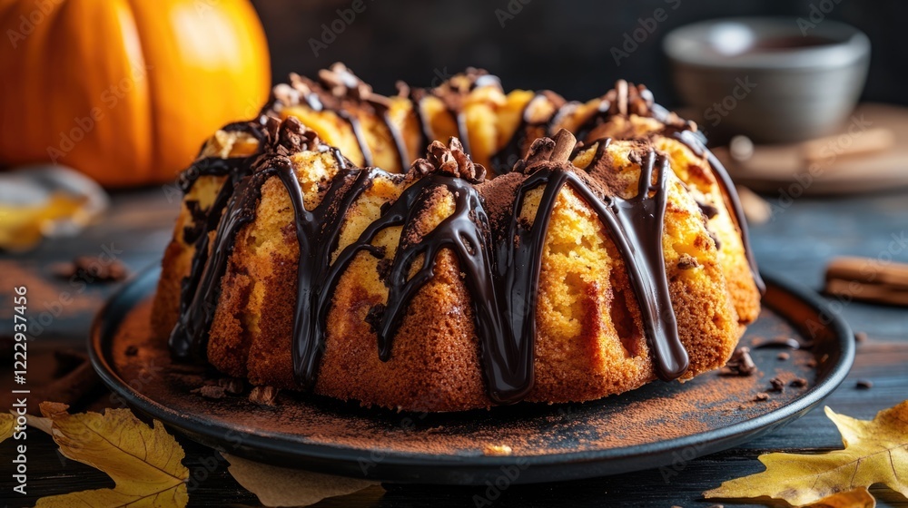 Aufkleber Homemade pumpkin bundt cake with chocolate drizzle and cinnamon on a rustic background with space for text and decorations