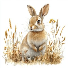 A cute rabbit stands amidst golden grasses and wildflowers, showcasing a serene natural habitat