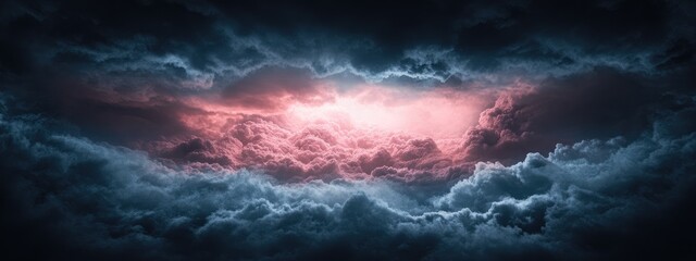 Dramatic pink cloud illuminated by light rays amidst stormy clouds creating a mesmerizing atmosphere suitable for text overlay