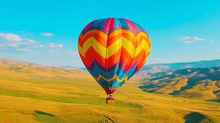 Obraz premium vibrant hot air balloon soaring over picturesque landscape, showcasing colorful patterns against clear blue sky. scene evokes sense of adventure and freedom
