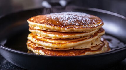 Housewife Cooking Delicious Pancakes in Traditional Frying Pan with Copy Space for Recipe or Cooking Tips